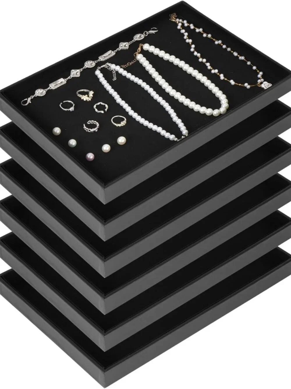 6-Pc Velvet Stackable Jewelry Organizer Trays for Necklace, Ring & Earring